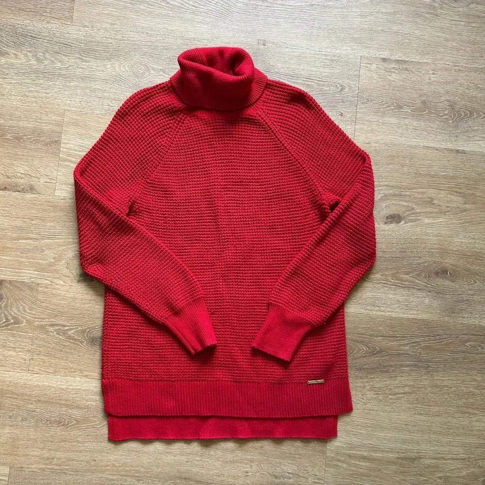 Michael Kors Womens Red Waffle Knit Turtleneck Sweater Raglan Sleeve Small
